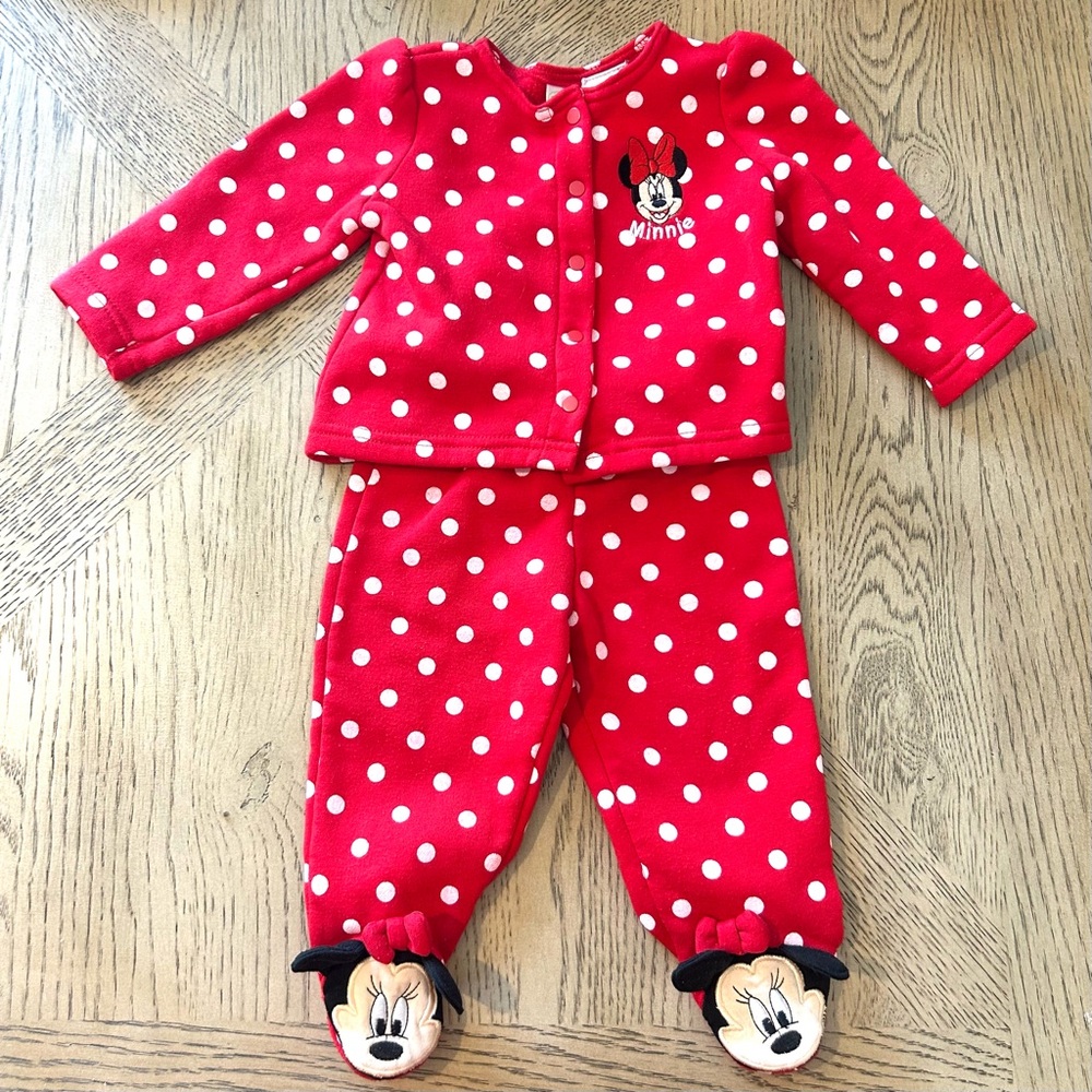 Disney 6-9M Minnie Mouse Fleece Snap Button Outfit Red Polka Dot Footed Ears
